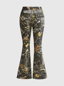 ROMWE Goth Women's Y2K Winter Versatile Wing Rhinestone Embroidered Sexy Camouflage Hot Girl Jeans - Green - View 1