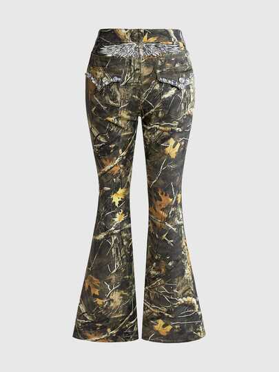 ROMWE Goth Women's All-Over Print Casual Daily Wear Flare Jeans