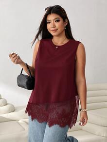 Solflare Plus Size Women's Lace Patchwork Casual Versatile Daily Date Night Formal Outing Top Black Summer - Burgundy - View 5