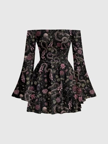 ROMWE Gothic Snake Dark Mysterious Asymmetrical Hem Off-Shoulder Sexy Vintage Women's Dress - Black - View 1