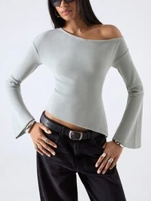 LYSMO Women's Solid Color Asymmetrical Shoulder Casual Daily T-Shirt - Green - View 4