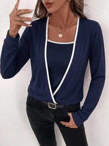 SHEIN Clasi 女款休閒黑白對比色極簡重疊設計長袖衛衣，適合度假、通勤、教師、返校、秋季 - 藏蓝色 - 查看 5