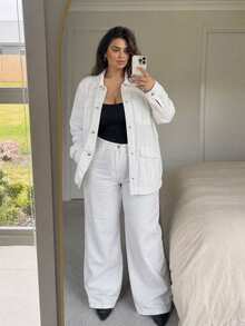 Dazy Plus Long Sleeve Single-Breasted Multi-Pocket Denim Jacket & Wide Leg Denim Jeans Casual Set, Daily Autumn Outfit - White - View 5