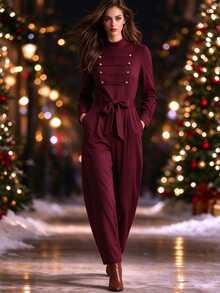 SHEIN Women's Regular Long Sleeve Long Pants Jumpsuit, Stand Collar Design, Napoleon Ribbon Button Design, Back Center Zipper, Waist Design, Hand Pockets, Curved Leg Design, Tapered Leg Design, Novel And Fashionable, Elegant, Sexy, Suitable For Dating, Gathering, Commuting, Party. - Red Violet - View 1