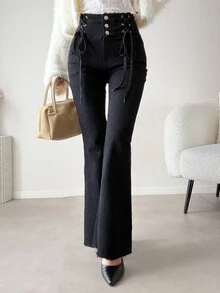 FRIFUL Women's Sexy Button Lace-Up Flared Jeans - Black - View 7