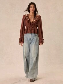 Easelle Women's Floral Embroidery Patchwork Ruffle Front Tie Fashion Flare Sleeve Blouse Bohemian Brown Autumn/Winter Ruffle Vintage - Coffee Brown - View 6