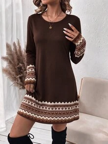 SHEIN LUNE 女款拼色休閒日常夏季洋裝 - 棕色 - 查看 3
