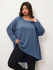 Enliva 大尺碼女款寬鬆蝙蝠袖不對稱下擺高低 T-shirt，圓領純色彈性柔軟舒適，灰色，適合秋季休閒、夜店、度假、辦公 - 霧霾藍 - 查看 3