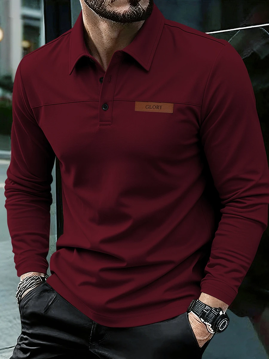 Calvornis 秋冬男士成熟老錢風卡其色素色布料小標 Polo 衫 - 酒紅色 - 查看 1