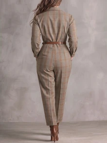 Linhara CURVE Plus Size Woven Fashionable Check Pattern Autumn Women's One-Piece Pants - Brown - View 2