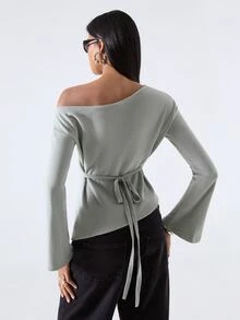 LYSMO Women's Solid Color Asymmetrical Shoulder Casual Daily T-Shirt - Green - View 2