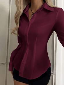 SHEIN EZwear 女款優雅鈕扣收腰長袖襯衫 - 酒紅色 - 查看 6
