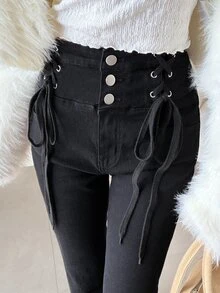 FRIFUL Women's Sexy Button Lace-Up Flared Jeans - Black - View 6