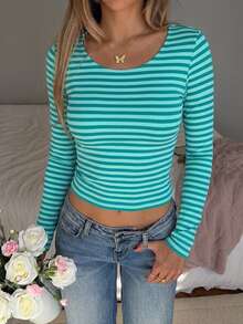 CovetEZ Women's Fitted Cropped Long Sleeve Printed T-Shirt With Large Scoop Neck - Multicolor - View 7