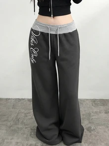SHEIN 少女抽繩腰字母印花休閒日常運動長褲 - 灰色 - 查看 1