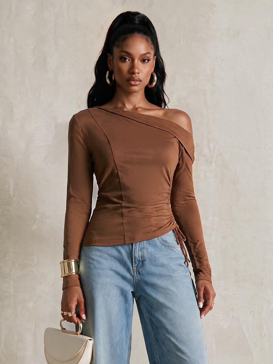 BamGlimmer Autumn New Brown Asymmetric Shoulder Neckline, Drawstring Hem T-Shirt, Suitable For Travel, Daily Wear, Shopping, Party And Gathering, Versatile For Commuting - Brown - View 1