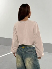 StreetHx 女款純色圓領寬鬆方正短版水洗運動衫 - 淺灰色 - 查看 2