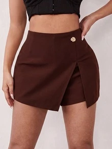 SHEIN SXY تنورة قصيرة نسائية بلون موحد كاجوال متعددة الاستخدامات للاستخدام اليومي - قهوة بني - مشاهدة 4
