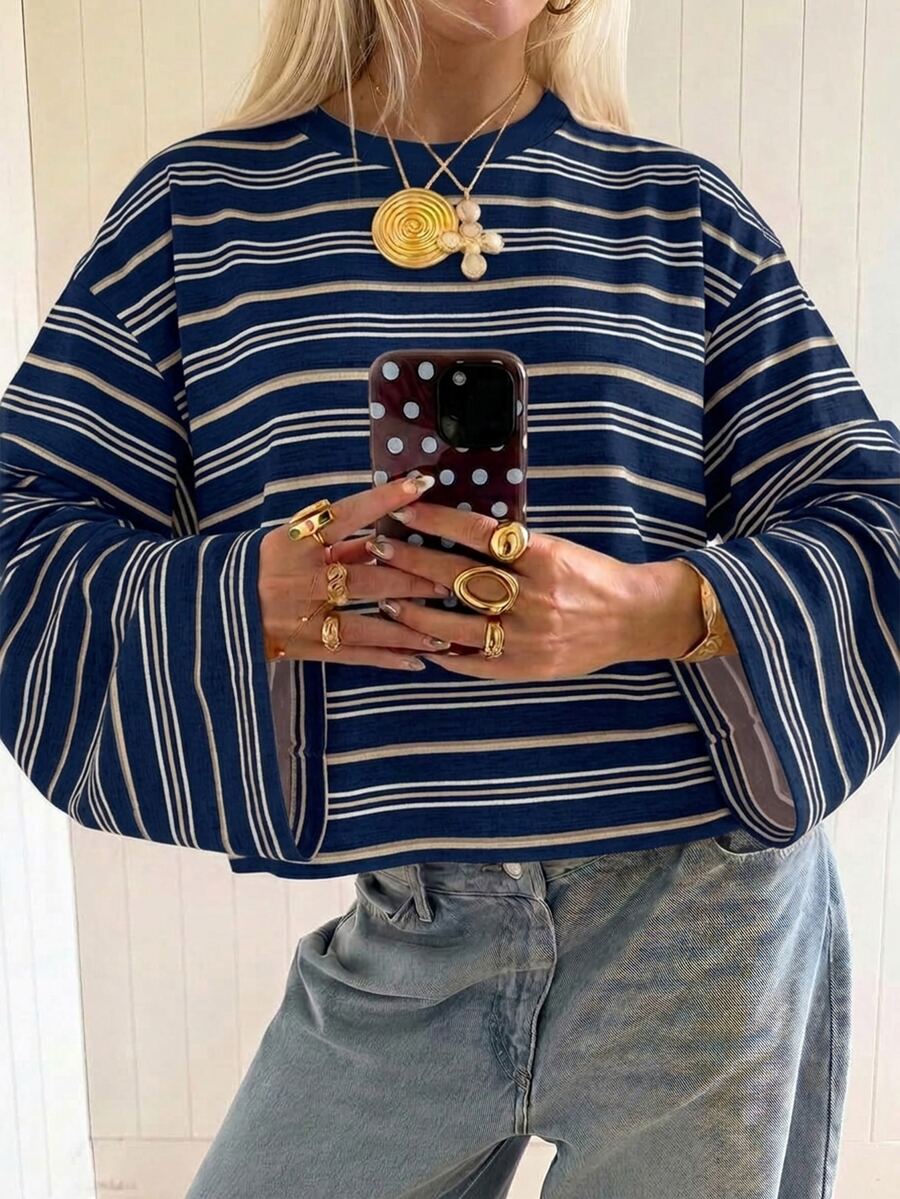 SHEIN EZwear 海外深藍條紋長袖襯衫,秋季上衣,適合日常通勤、聚會、秋冬春夏、聖誕節、新年、感恩節、派對、婚禮、海灘、畢業典禮、優雅、外出、約會、通勤、情人節、優雅、度假、Y2K、畢業典禮等場合 - 彩色 - 查看 1