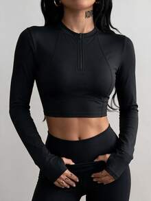 Dewbera Dewbera Women's Solid Color Half-Zip Thermal Lined Long Sleeve Sports T-Shirt - Black - View 6