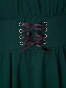 SHEIN 青少年女孩長袖純色黑色洋裝，萬聖節秋季風格秋季穿搭 - 墨綠色 - 查看 4