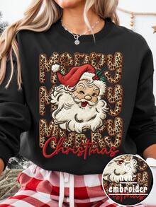 EMERY ROSE Women's Plus Size Round Neck Pullover Sweatshirt, Leopard Print Merry Christmas Letter Santa Claus Holly Print Loose Fit Christmas Top Winter - Black - View 1