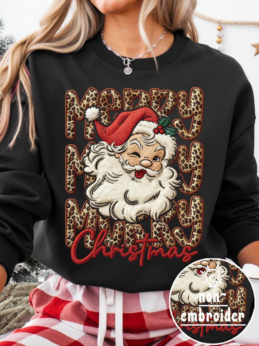 EMERY ROSE Women's Plus Size Round Neck Pullover Sweatshirt, Leopard Print Merry Christmas Letter Santa Claus Holly Print Loose Fit Christmas Top Winter - Black - View 1