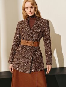 MOTF PREMIUM WOMEN'S SEQUIN TWEED BLAZER JACKET, AUTUMN/WINTER - Coffee Brown - View 3