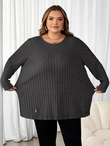 SHEIN CURVE+ 大尺碼女款字母印花拼接設計 T-shirt 藍綠色 秋季 - 深灰色 - 查看 4