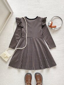 PrepCrw 少女休閒學院風優雅千鳥格針織長袖圓領洋裝，適合秋冬、返校、外出、聖誕、假期、生日 - 黑色 - 查看 2