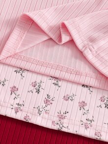 SHEIN 女童碎花淺粉色、蓮花粉、深紅色蝴蝶結印花飄逸袖三色上衣，簡約可愛甜美，適合室內外穿著，四季皆宜 - 彩色 - 查看 6