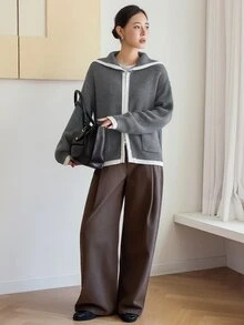 Dazy-Less Women's Grey Round Neck Button Cable Knit Long Sleeve Slim Fit Ribbed Cardigan, Autumn/Winter - Grey - View 3