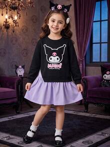 HELLO KITTY AND FRIENDS | SHEIN Gaun Patchwork Sweatshirt Leher Bulat Lucu untuk Anak Perempuan - Hitam - View 6