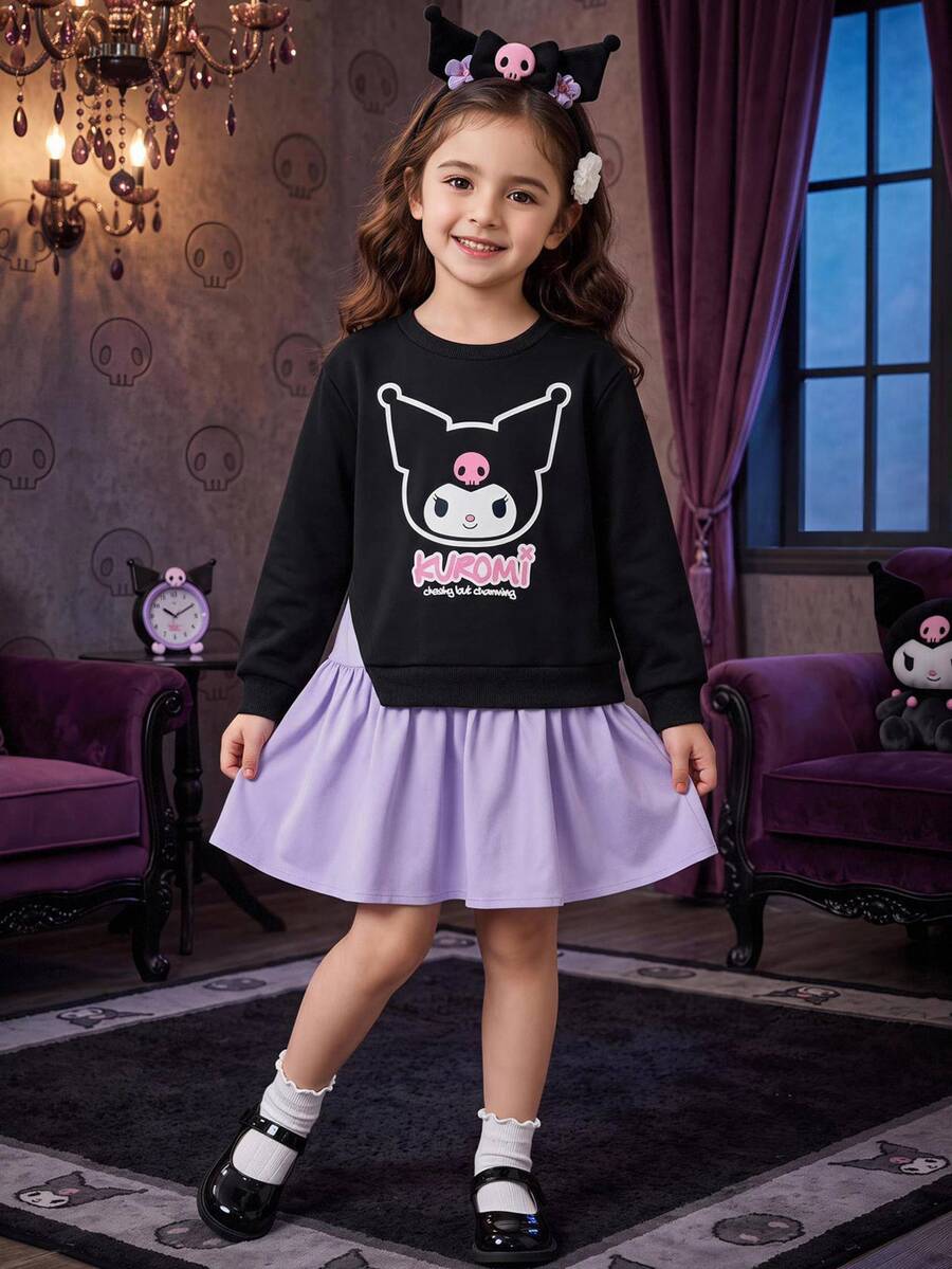 HELLO KITTY AND FRIENDS | SHEIN Girls' Cute Round Neck Sweatshirt Patchwork Dress - Black - View 1