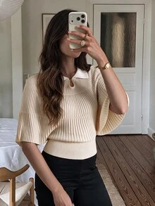 Muvela Women's Cream Ribbed Knit Polo Sweater – Elegant Collared Long Sleeve Pullover Top Chic Basic Christmas Back To School Festival New Year Party - Apricot - View 5