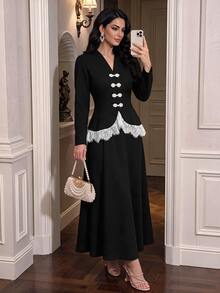 Modelyn Elegant Lace Patchwork New Chinese Style Handmade Frog Button Design Long Sleeve Top And Mermaid Skirt Set, Black Evening Gown, Spring/Autumn New Arrival - Black - View 7