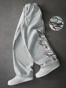 Manfinity Roghcode 男士刺繡圖案抽繩腰口袋寬腿寬鬆運動長褲，聖誕節、日常穿著 - 灰色 - 查看 3