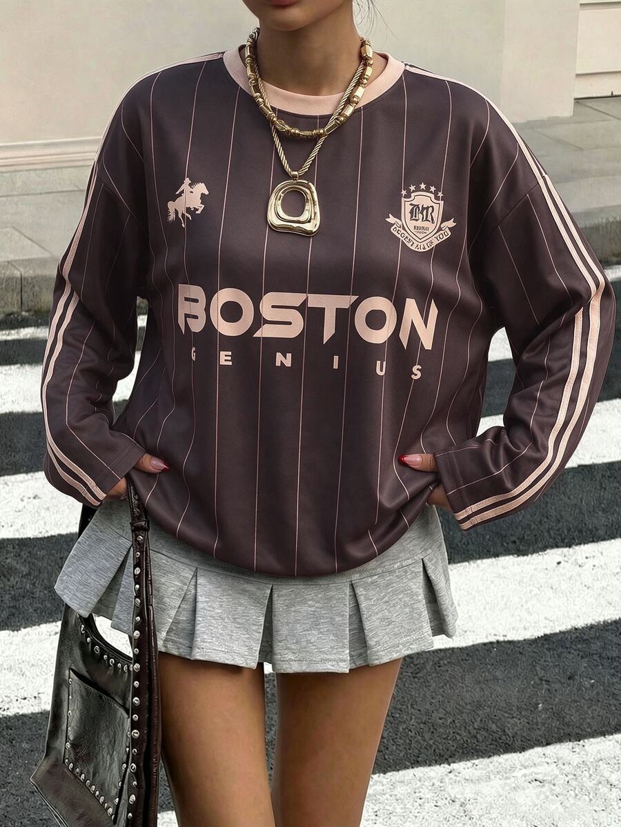 SHEIN CURVE+ 休閒簡約大尺碼女款字母條紋T恤 春秋季 - 棕色 - 查看 1