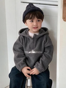 Dazy Kids 幼童男童連帽仿羊羔絨英文刺繡運動衫 - 淺灰色 - 查看 4