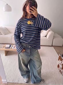SHEIN EZwear 海外深藍條紋長袖襯衫，秋季上衣，適合日常通勤、聚會、秋冬春夏、聖誕節、新年、感恩節、派對、婚禮、海灘、畢業典禮、優雅、外出、約會、通勤、情人節、優雅、度假、Y2K、畢業典禮等場合 - 彩色 - 查看 6