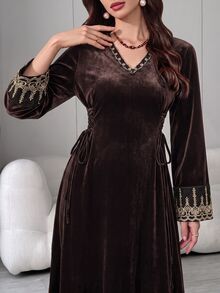 Al Najma Women's V-Neck Colorblock Casual Party Arabian Dress - Brown - View 4
