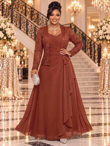 Fleurora Plus Size Versatile Ruched Spaghetti Strap Dress With Lace Cardigan 2 Pieces Set - Coral Orange - View 1