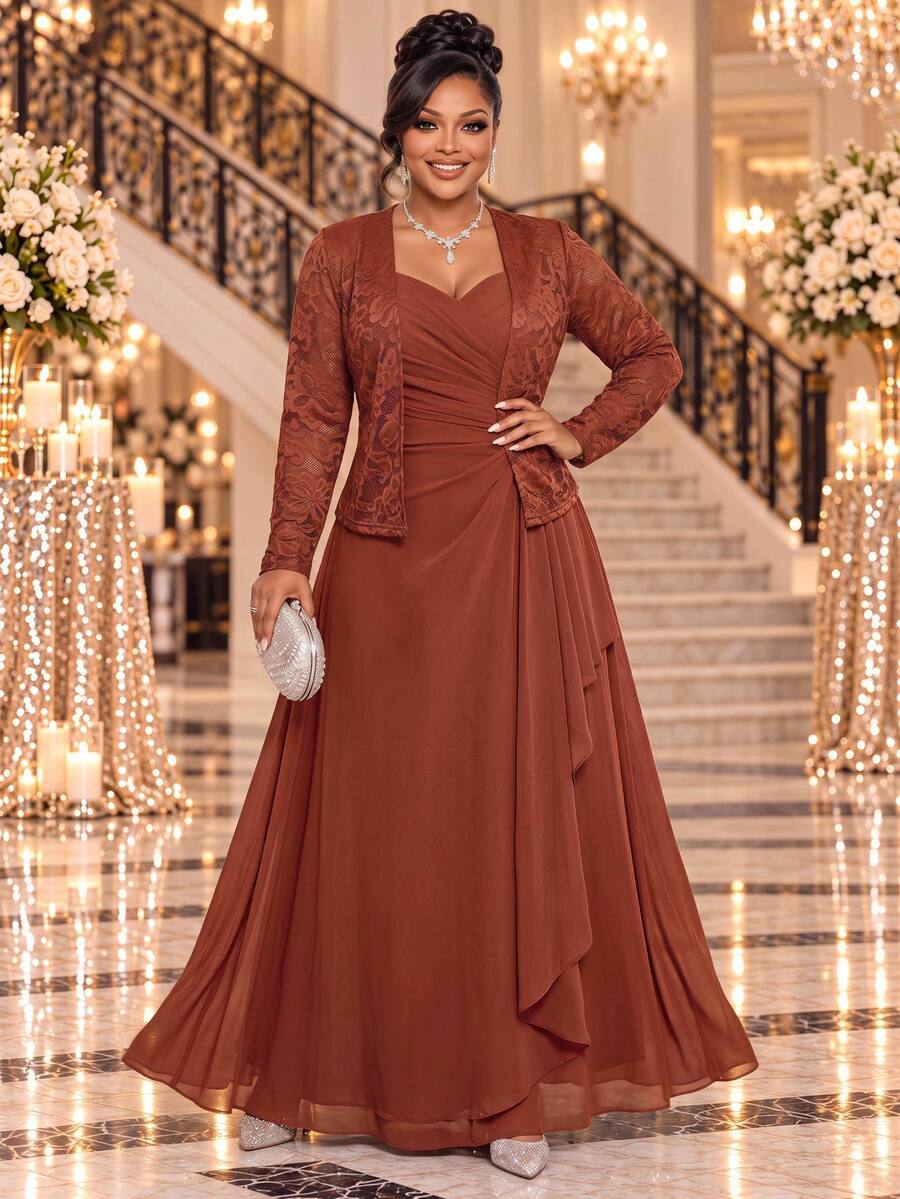 Fleurora Plus Size Versatile Ruched Spaghetti Strap Dress With Lace Cardigan 2 Pieces Set - Coral Orange - View 1