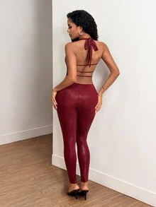 Mistrie Women Low Cut Halter Open Back Cutout Buckle Sexy Skinny Long Jumpsuit For Night Club Party - Burgundy - View 2