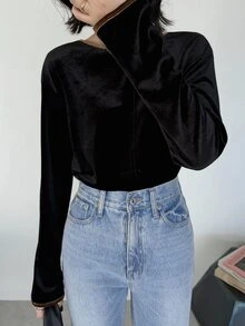 FRIFUL Women's French Style Flocked Long Sleeve Versatile T-Shirt - Black - View 7