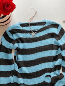 SHEIN EZwear 條紋破洞設計針織毛衣，長袖上衣，秋冬款 - 藍色 - 查看 6