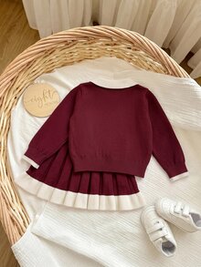 SHEIN Infant Girls Autumn/Winter Burgundy Baby Girl Sweater Set, Large Bow Design, Autumn Clothing - Red - View 2