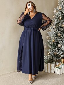 SHEIN CURVE+ Plus Size Women's Fall Patchwork Embroidered Meshv V-Neck Elegant Autumn Wedding Formal Navy Dress - Navy Blue - View 6