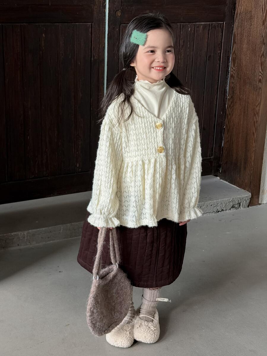 Dazy Kids Young Girl Textured V-Neck Button Design Long Sleeve Shirt - Beige - View 1
