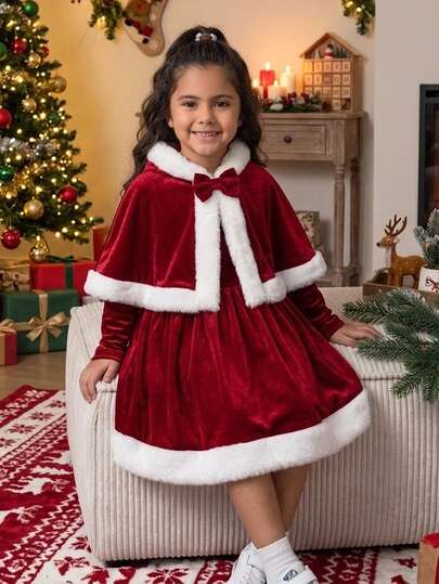 SHEIN Conjunto de 2 piezas para niñas jóvenes: capa con capucha navideña + vestido, vestido de princesa divertido para fiesta navideña, baile de Navidad y celebración